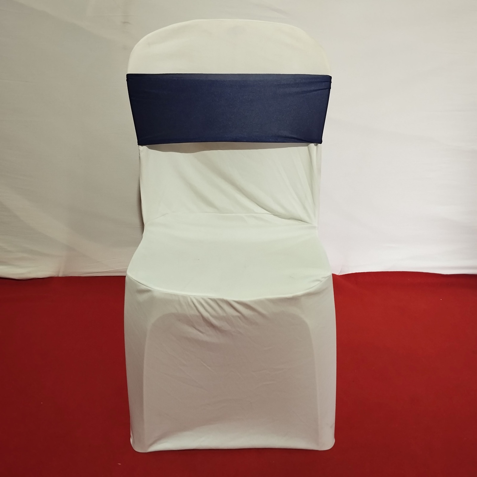 Plastic Chair (White Cover, Dark Blue Ribbon Bow)