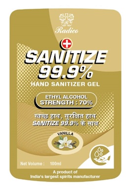 Radico Sanitize 99.9% Hand Sanitizer Gel Vanilla (label) Device mark 4589128 Trademark