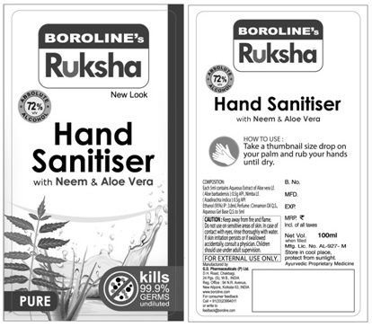 Boroline’s Ruksha Pure Hand Sanitiser Device mark 4665640 Trademark