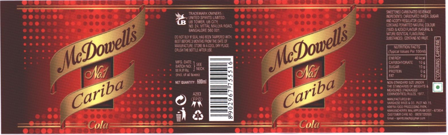 Mcdowell's No.1 Cariba Cola Device mark 2240777 Trademark