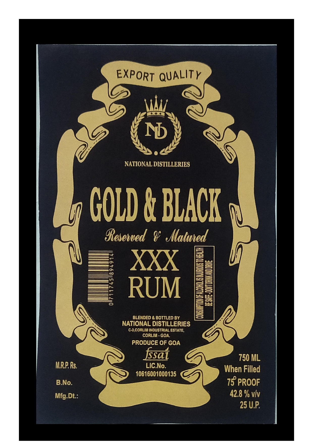Nd Gold & Black Reserved & Matured Xxx Rum Device mark 5093479 Trademark