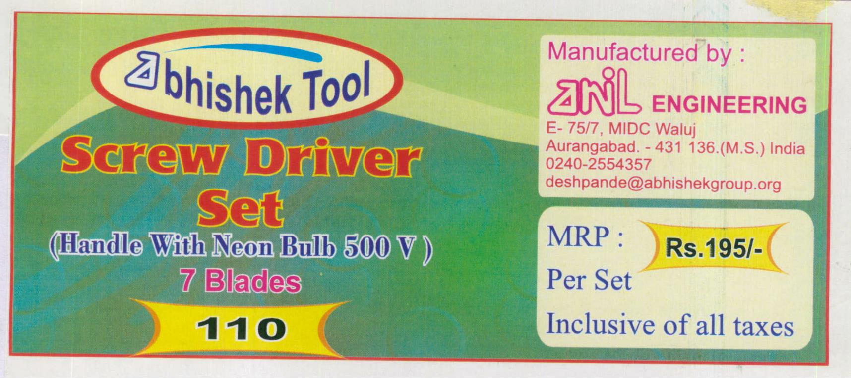 Abhishek Tool Screw Driver Set Device mark 2002905 Trademark