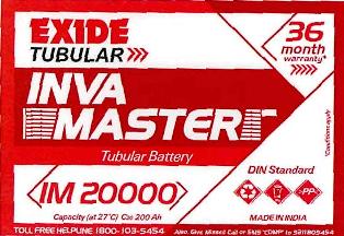 Exide Tubular Inva Master Im20000(label) Device mark 2815733 Trademark