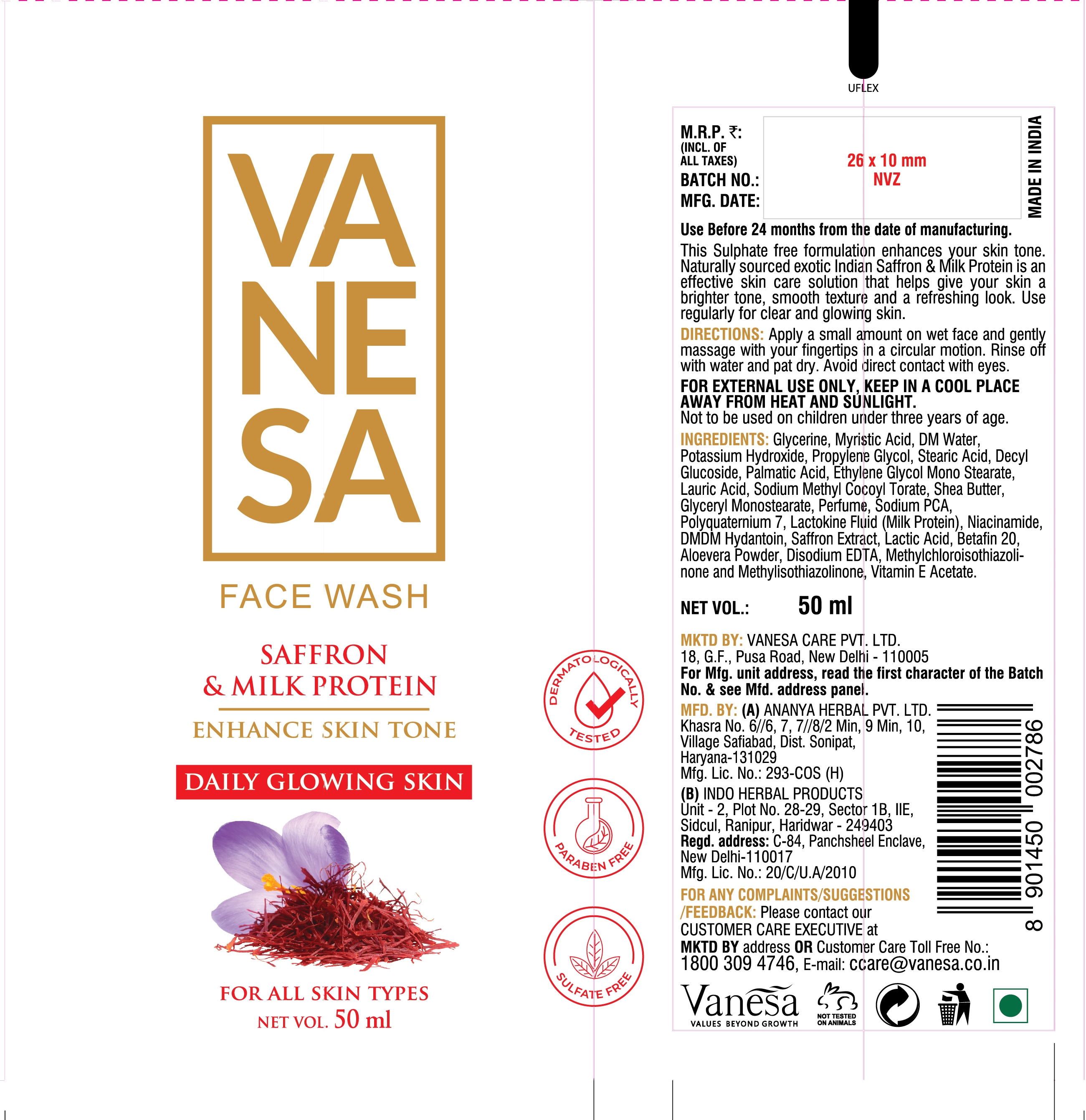 Vanesa Face Wash Saffron & Milk Protein Device mark 5478261 Trademark
