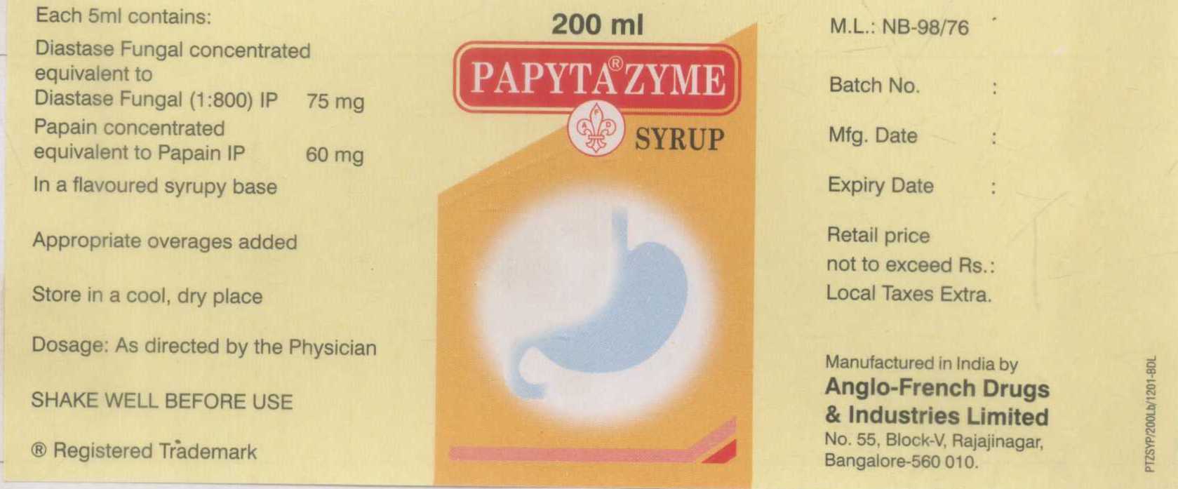 Papytazyme Syrup Device mark 1130952 Trademark