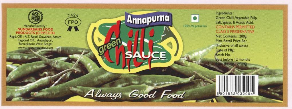 Annapurna Green Chilli Sauce, (de. Of Green Chilli) Device mark 1173848 Trademark