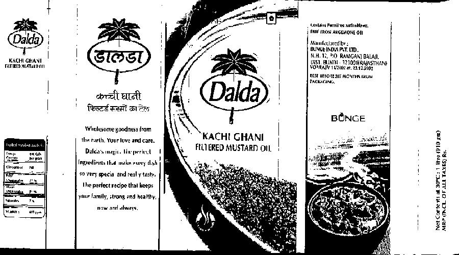 Dalda Kachi Ghani Filtered Mustard Oil (label) Device mark 1329505 Trademark