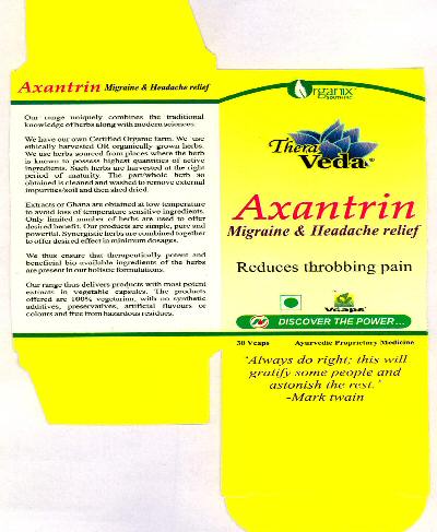 Thera Veda (label)axantrinmigraine & Headache Relief Device mark 1710549 Trademark