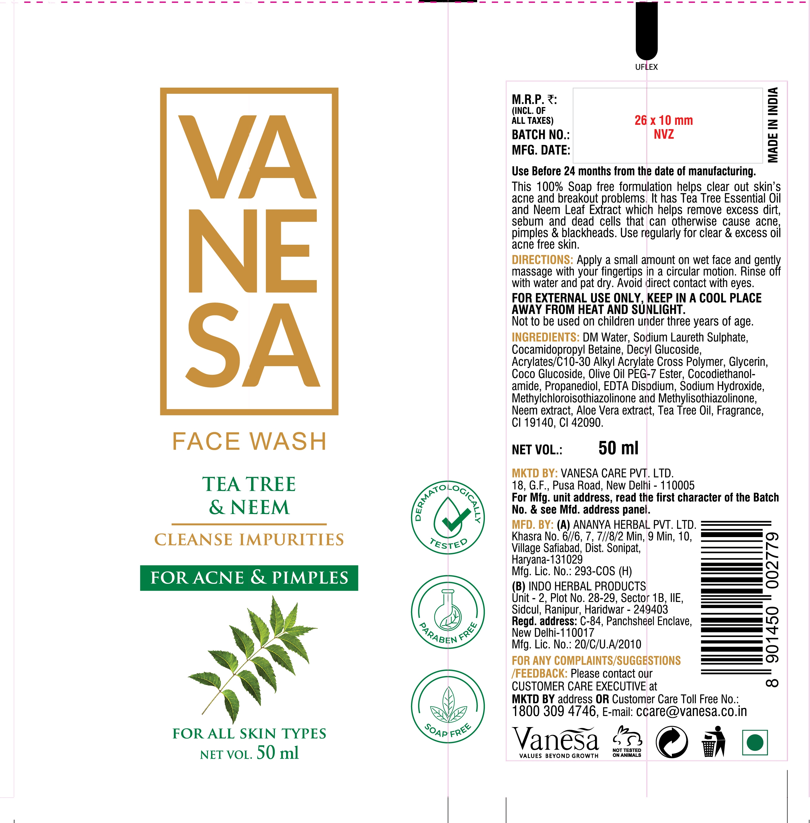 Vanesa Face Wash Tea Tree & Neem Device mark 5478260 Trademark