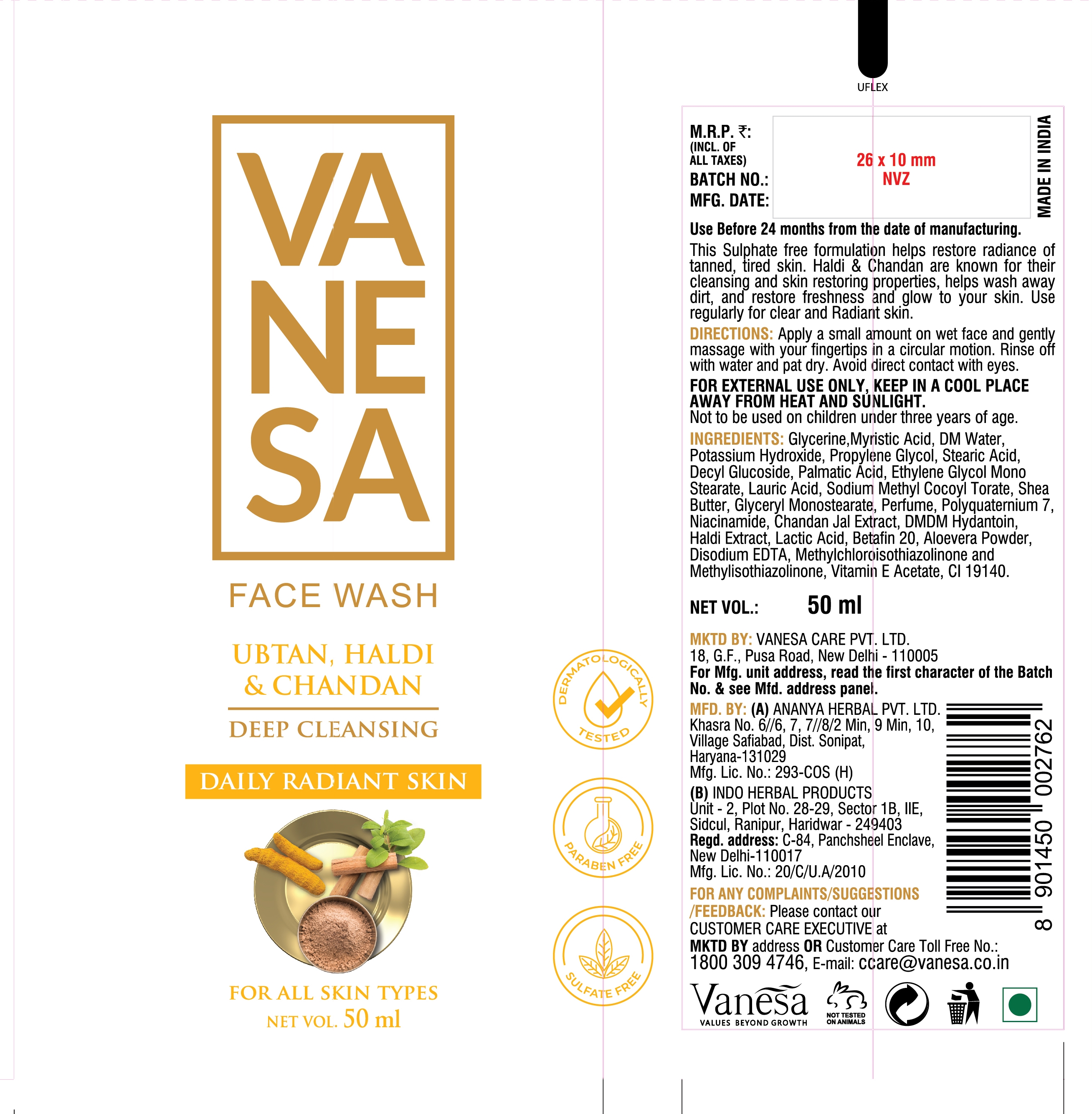 Vanesa Face Wash Ubtan, Haldi & Chandan Device mark 5478262 Trademark