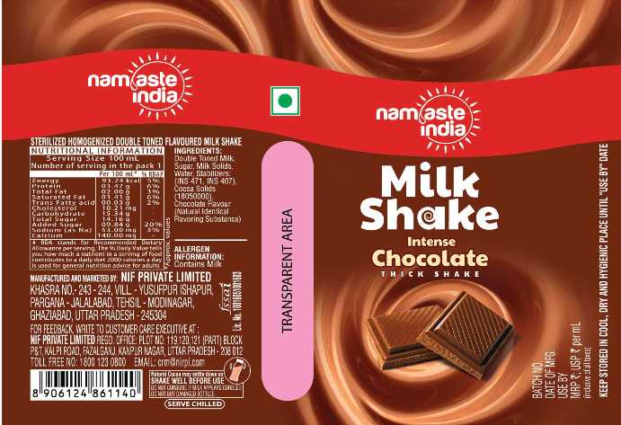 Namaste India Milk Shake Intense Chocolate Device mark 6348005 Trademark