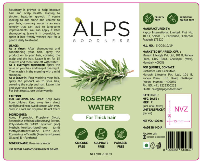 Alps Goodness Rosemary Water Device mark 6418287 Trademark