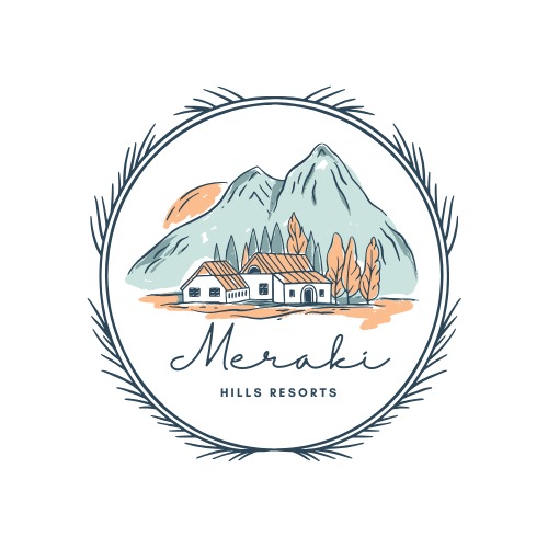 Meraki Hills Resorts With House, Hills, Plants Inside The Circle Device mark 6420047 Trademark