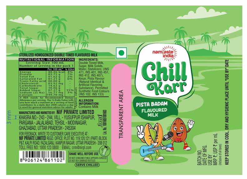 Namaste India Chill Karr Pista Badam Flavoured Milk Device mark 6451757 Trademark