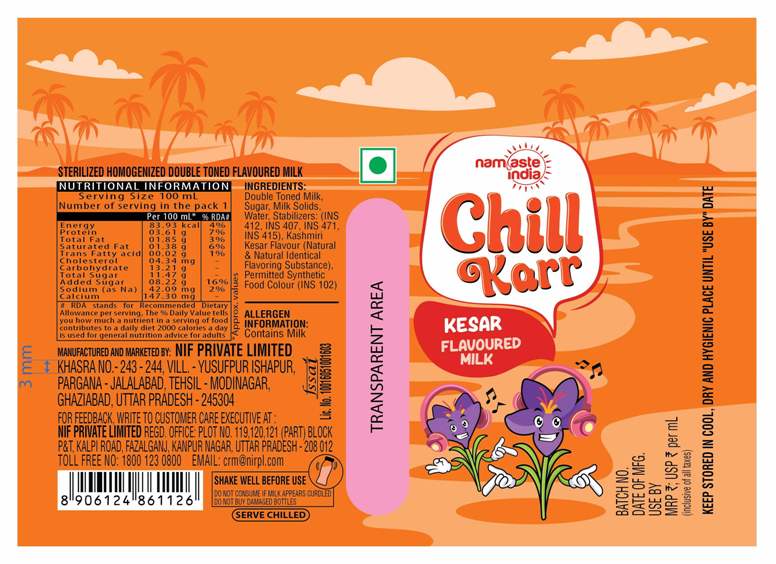 Namaste India Chill Karr Kesar Flavoured Milk Device mark 6451759 Trademark