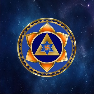 Artistic Representation Of Yantra, Lotus, Circle And Triangle Systematically Arranged With Shades Of Blue, Gold & Orange Device mark 6693927 Trademark