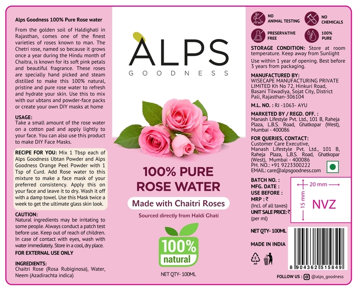 Alps Goodness Rose Water Device mark 7280129 Trademark