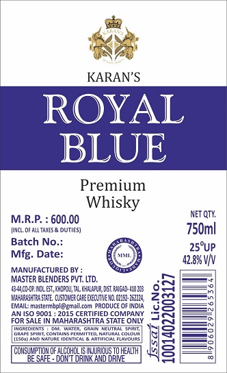 Karan's Royal Blue Premium Whisky Device mark 7366489 Trademark