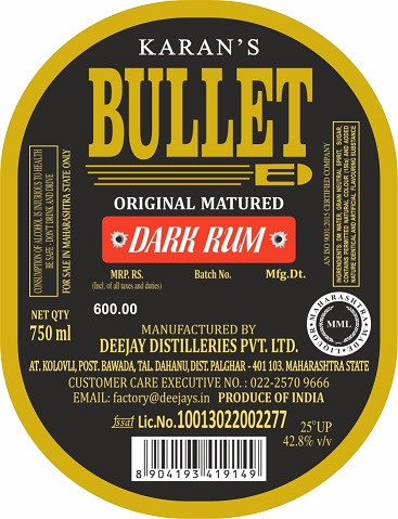 Karan's Bullet Original Matured Dark Rum Device mark 7366491 Trademark