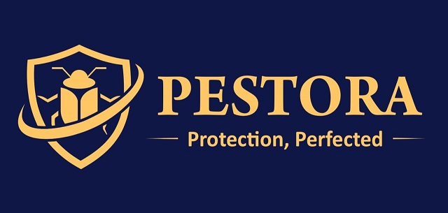 Mark Consists Of The Stylized Word “pestora” And Ashield Device In Goldenyellow Color On A Dark Blue Background Device mark 7486236 Trademark