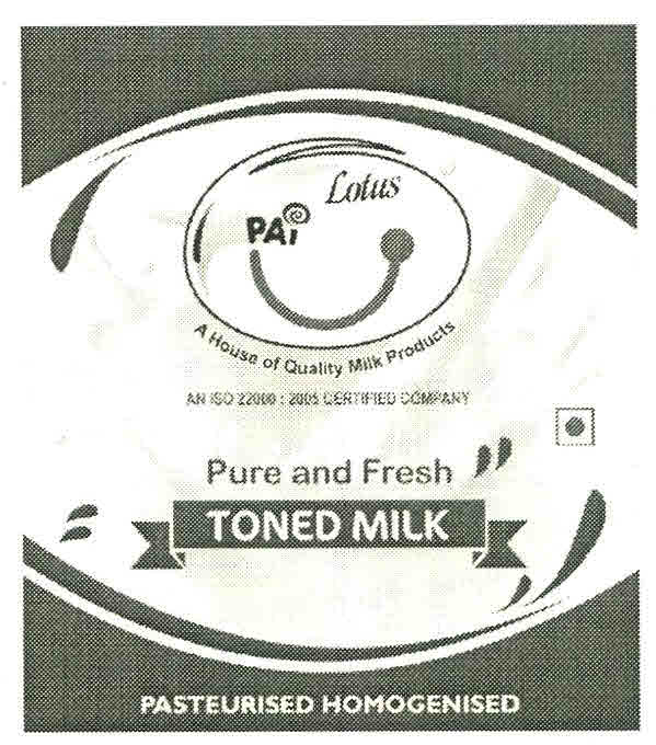 Pai Lotus Pure And Fresh Toned Milk Pasteurised Homogenised Device mark 2639759 Trademark