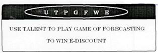 U T P G F W E (use Talent To Play Game Of Forecasting To Win E-discount) Device mark 2356495 Trademark