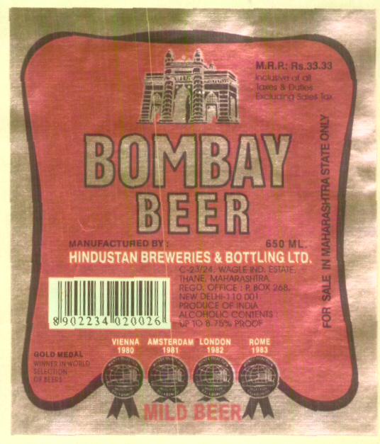 Bombay Beer (label) Device mark 1608415 Trademark