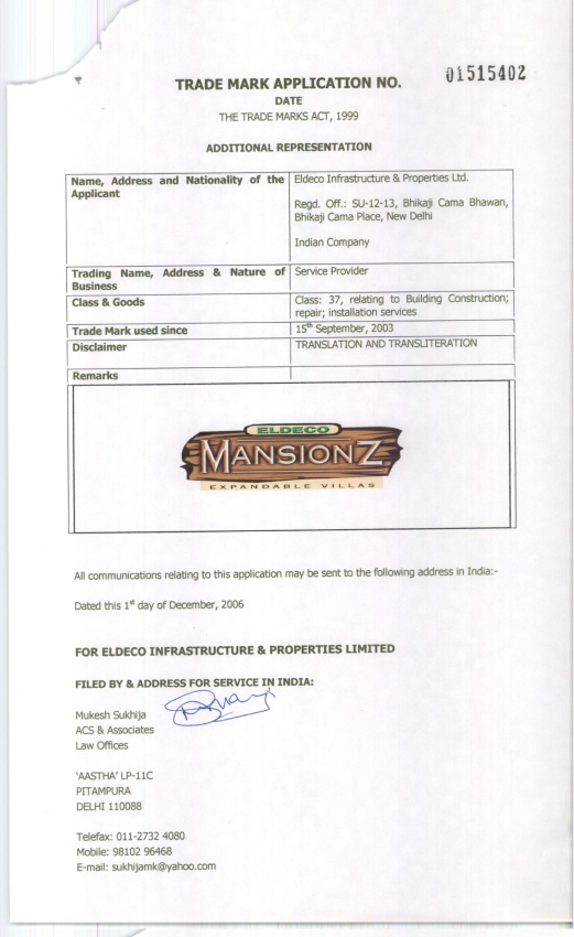 Mansionz Expandable Villas Device mark 1515402 Trademark