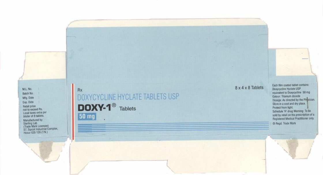 "doxy -1" 50 Mg Tablets (pack Size 8"s) (carton) Device mark 991838 Trademark