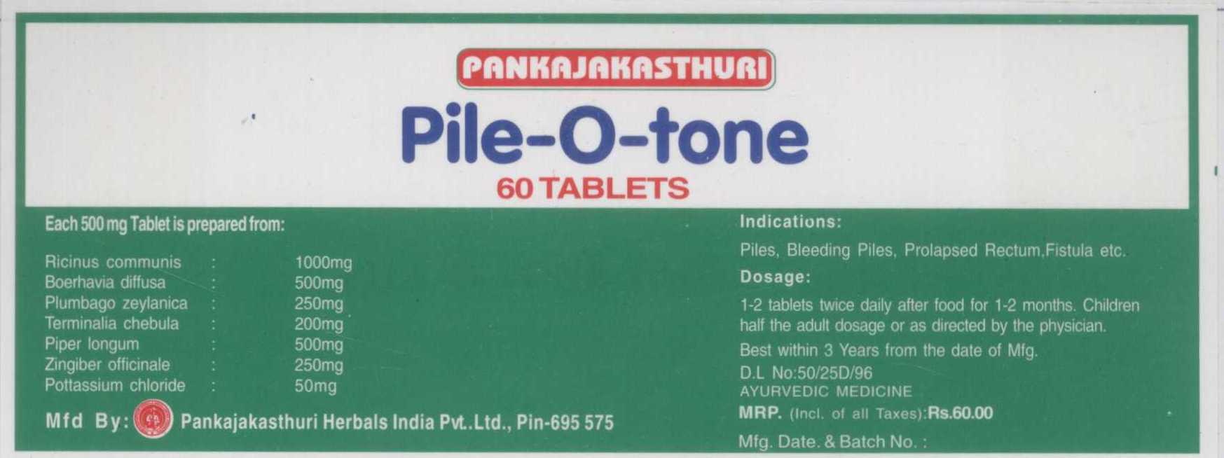 Pankajakasthuri Pile-o-tone 60 Tablets ( Label) Device mark 1362860 Trademark