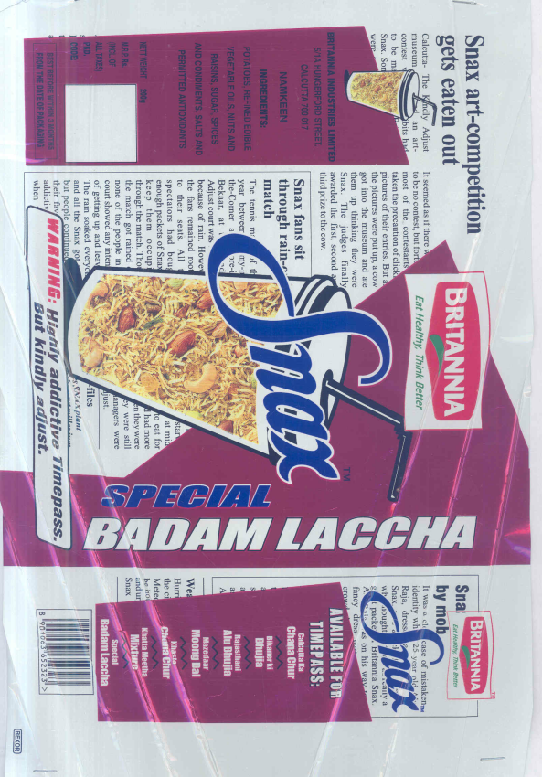 Britannia Snax Special Badam Laccha Device mark 891422 Trademark