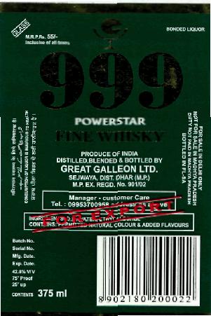 999 Powerstar Fine Whisky(label) Device mark 2213198 Trademark