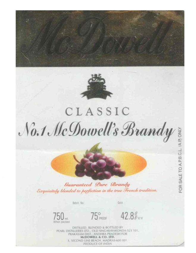 Mcdowell Classic No.1 Mcdowells Brandy Device mark 950156 Trademark