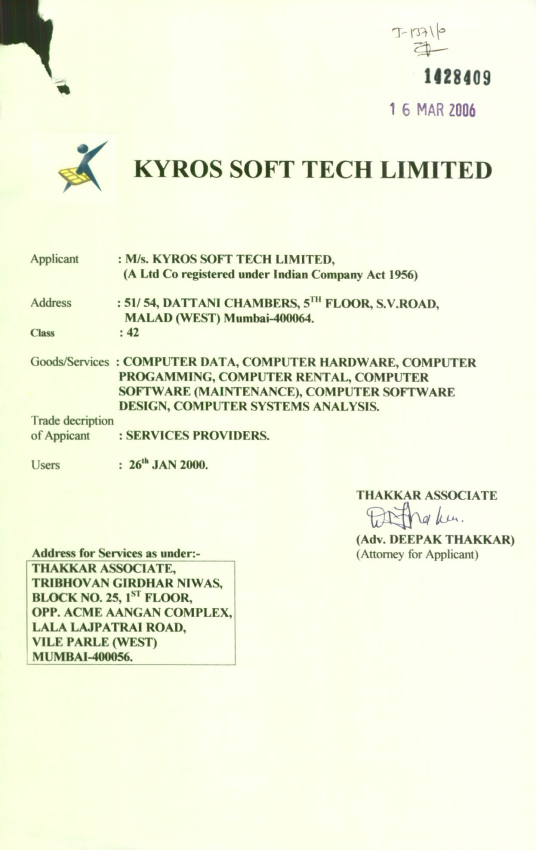 Kyros Soft Tech Limited (label) Device mark 1428409 Trademark