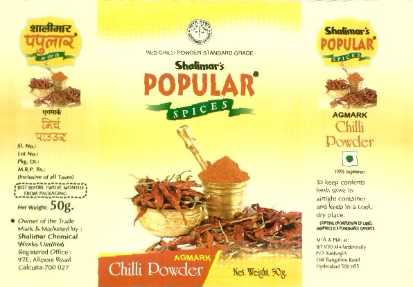 Shalimar's Popular S P I C E S, Device Of Utensils And Spices (label) Device mark 1406077 Trademark