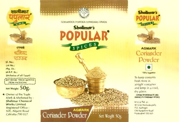 Shalimar's Popular S P I C E S, Device Of Utensils And Spices (label) Device mark 1406076 Trademark