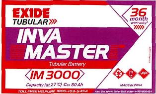 Exide Tubular Inva Master Im3000(label) Device mark 2815810 Trademark