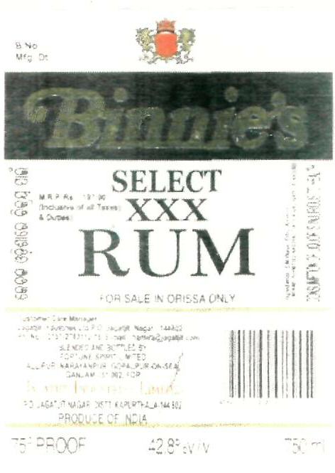 Binnies Select Xxx Rum (device) Device mark 2396437 Trademark