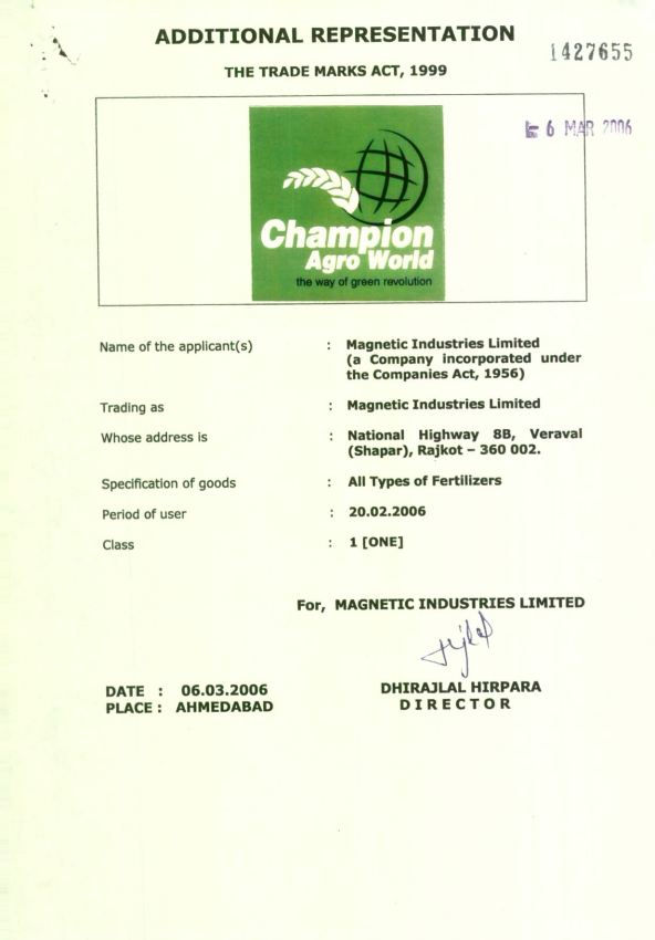 Champion Agro World Device mark 1427655 Trademark