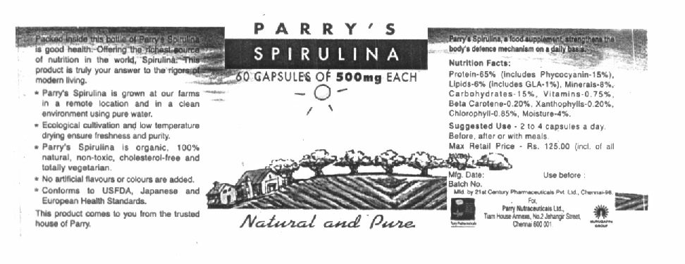 Parry's Spirulina 60 Caps Of 500 Mg Each Device mark 941900 Trademark