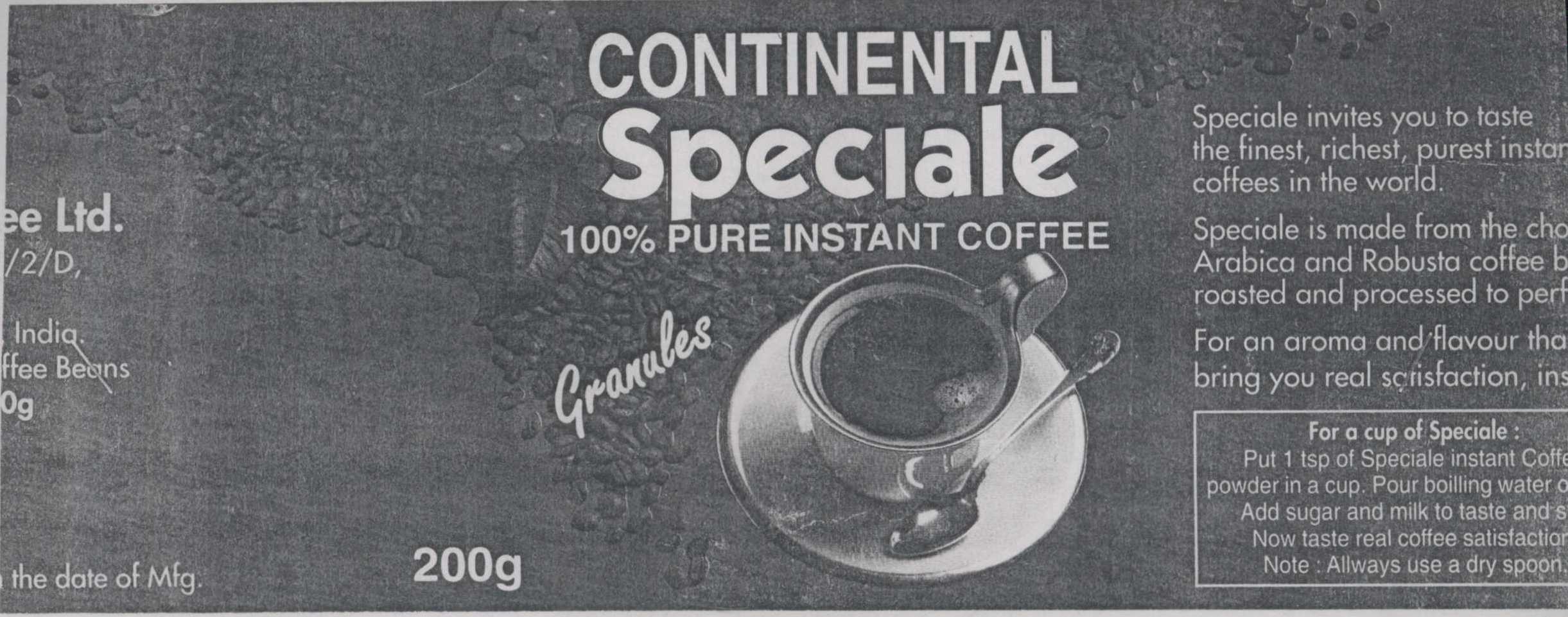 Continental Speciale 100% Pure Instant Coffee (label) Device mark 1048217 Trademark