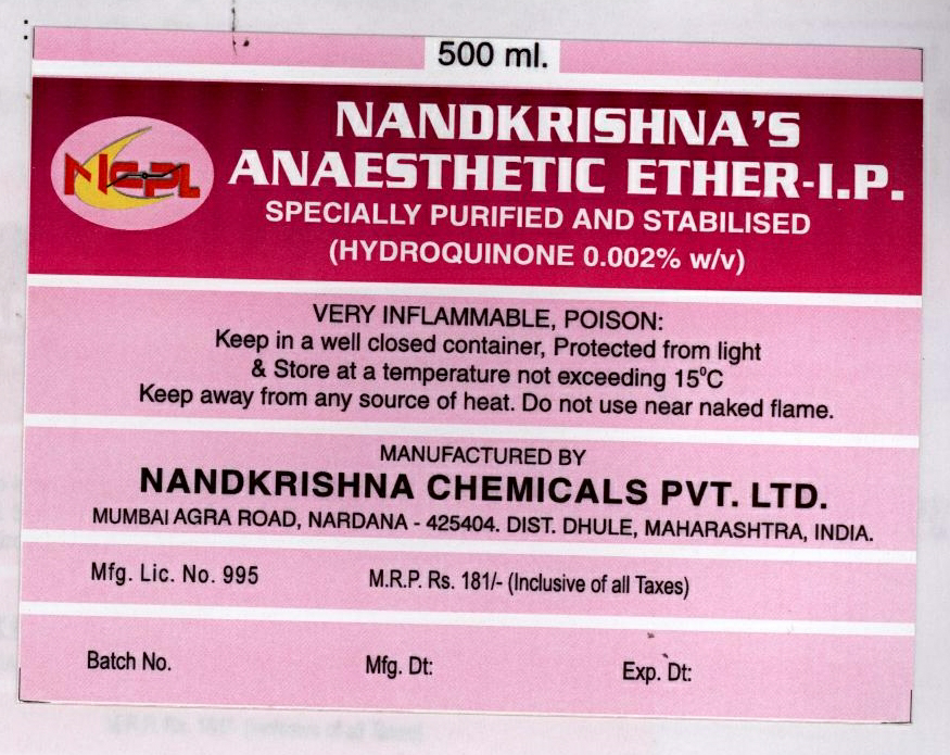 Nandkrishna`s Anaesthetic Ether I.p. Device mark 1961391 Trademark