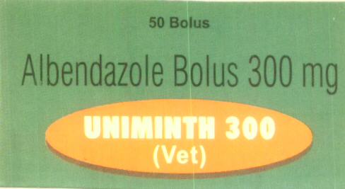 Albendazole Bolus 300 Mg Uniminth 300 (vet) (label) Device mark 1618301 Trademark