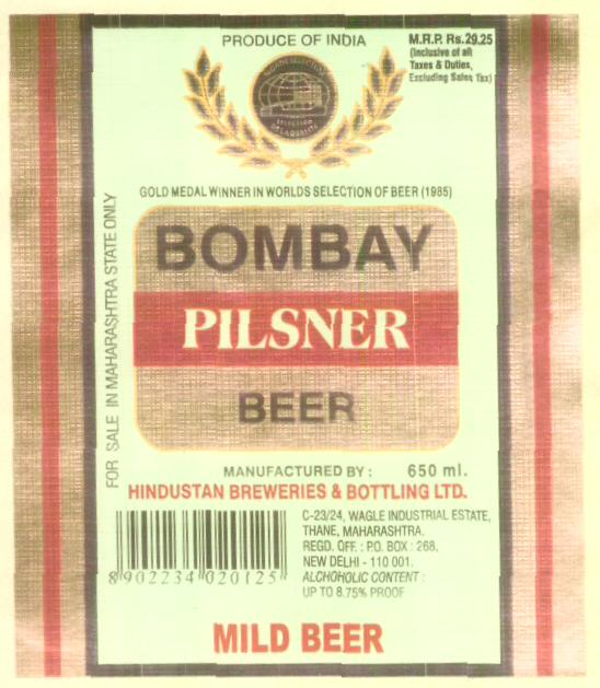 Bombay Pilsner Beer (label) Device mark 1608416 Trademark