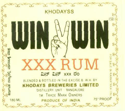 Win Win Xxx Rum And Two Fingers Design Device mark 945555 Trademark