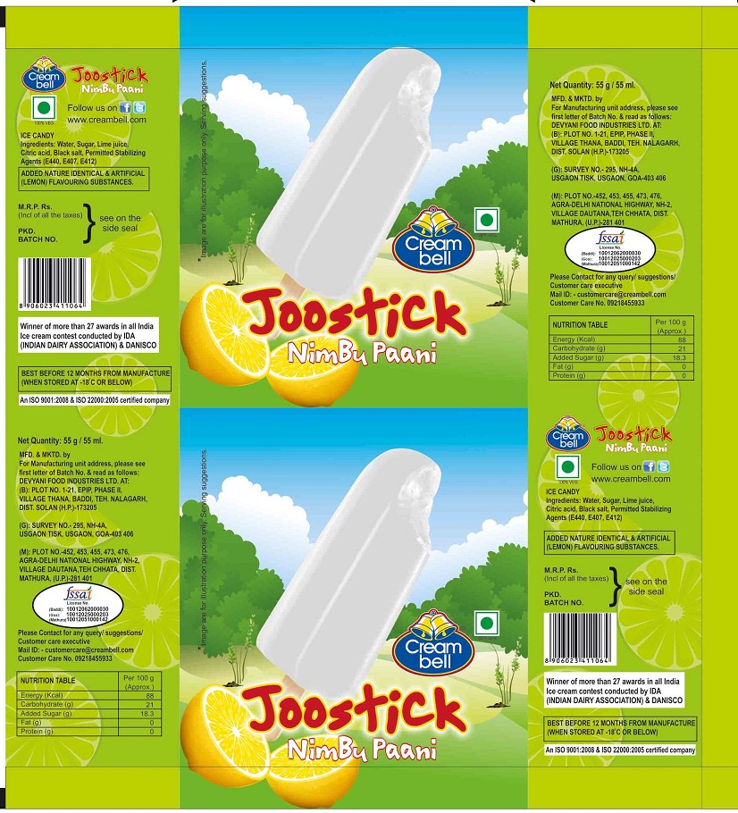Creambell Joostick- Nimbu Pani (label) Device mark 2717590 Trademark