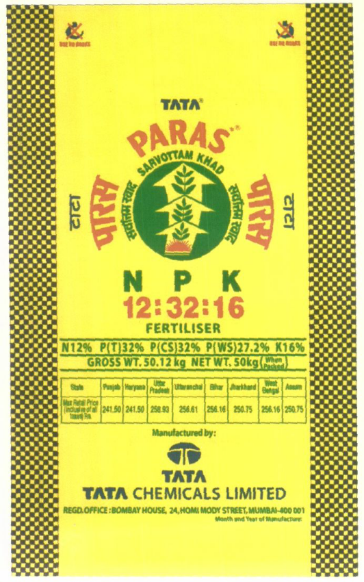 Tata Paras N P K 12:32:16 Fertiliserv ( Label) Device mark 1411987 Trademark