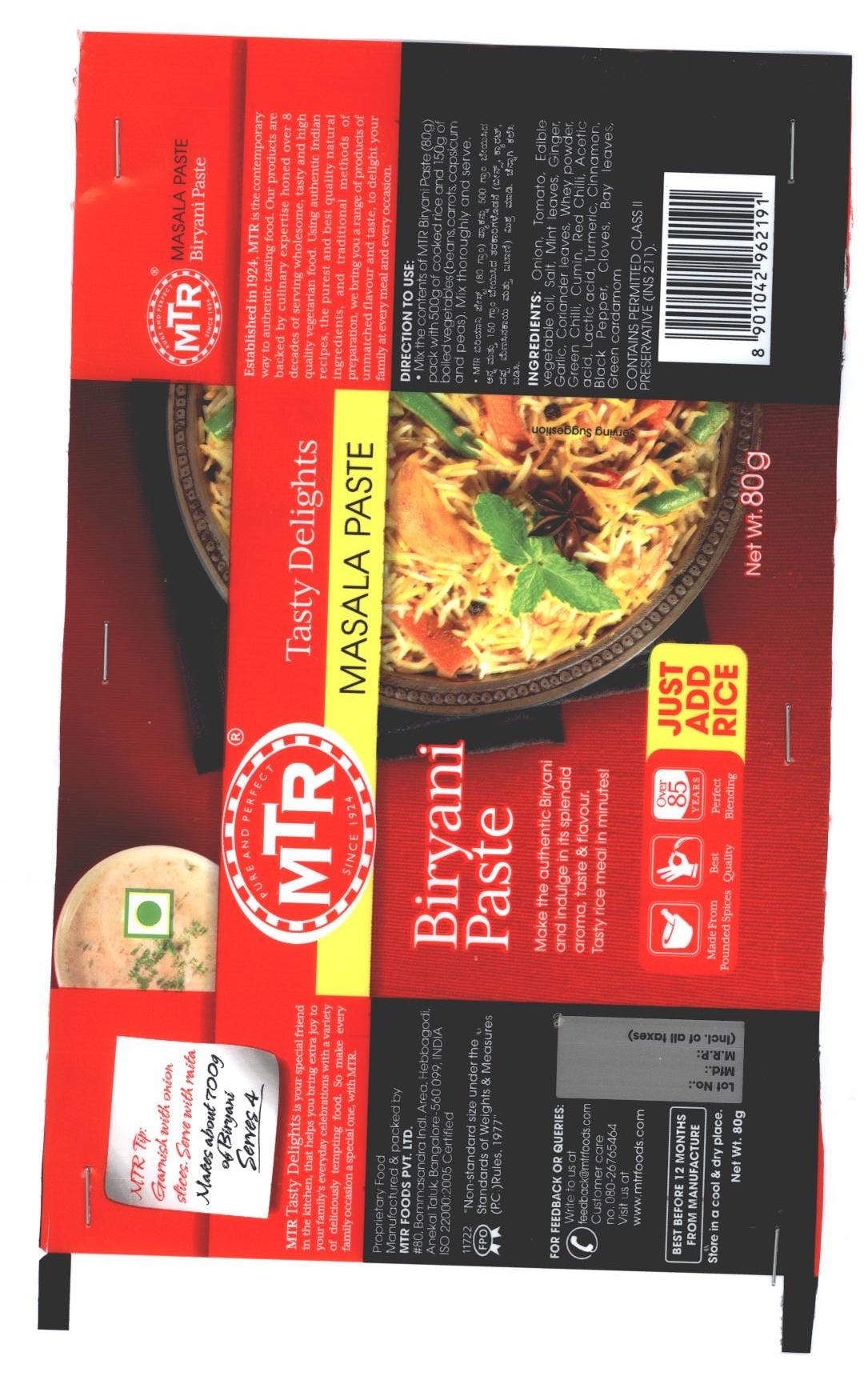 Mtr Tasty Delights Masala Paste Biriyani Paste Device mark 2321142 Trademark