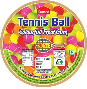 Kamco Tennis Ball Colourfull Froot Gum (label) Device mark 4100762 Trademark