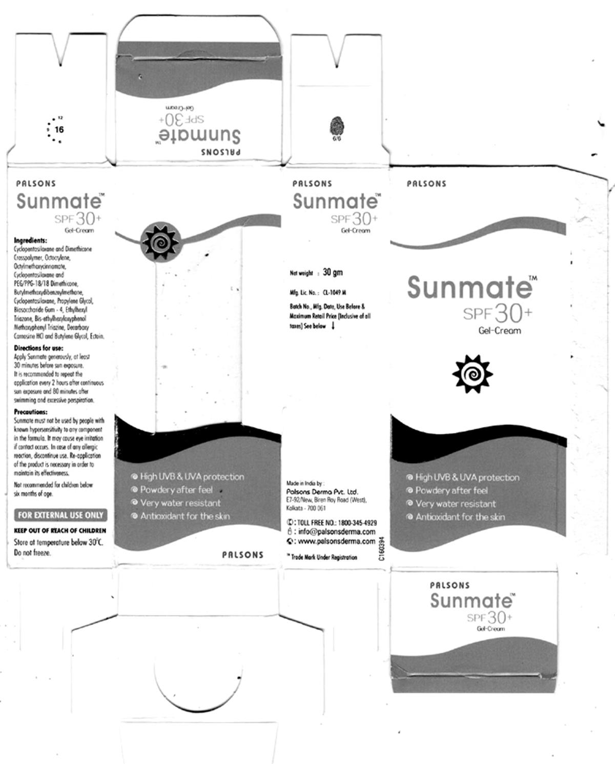 Palsons Sunmate Spf 30+ Gel-cream Device mark 3384187 Trademark